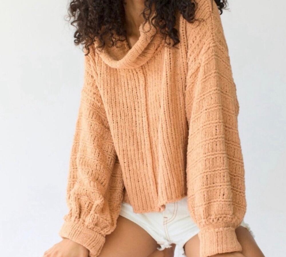 Free People Be Yours Camel Chenille Cowl Neck Slouchy Sweater M